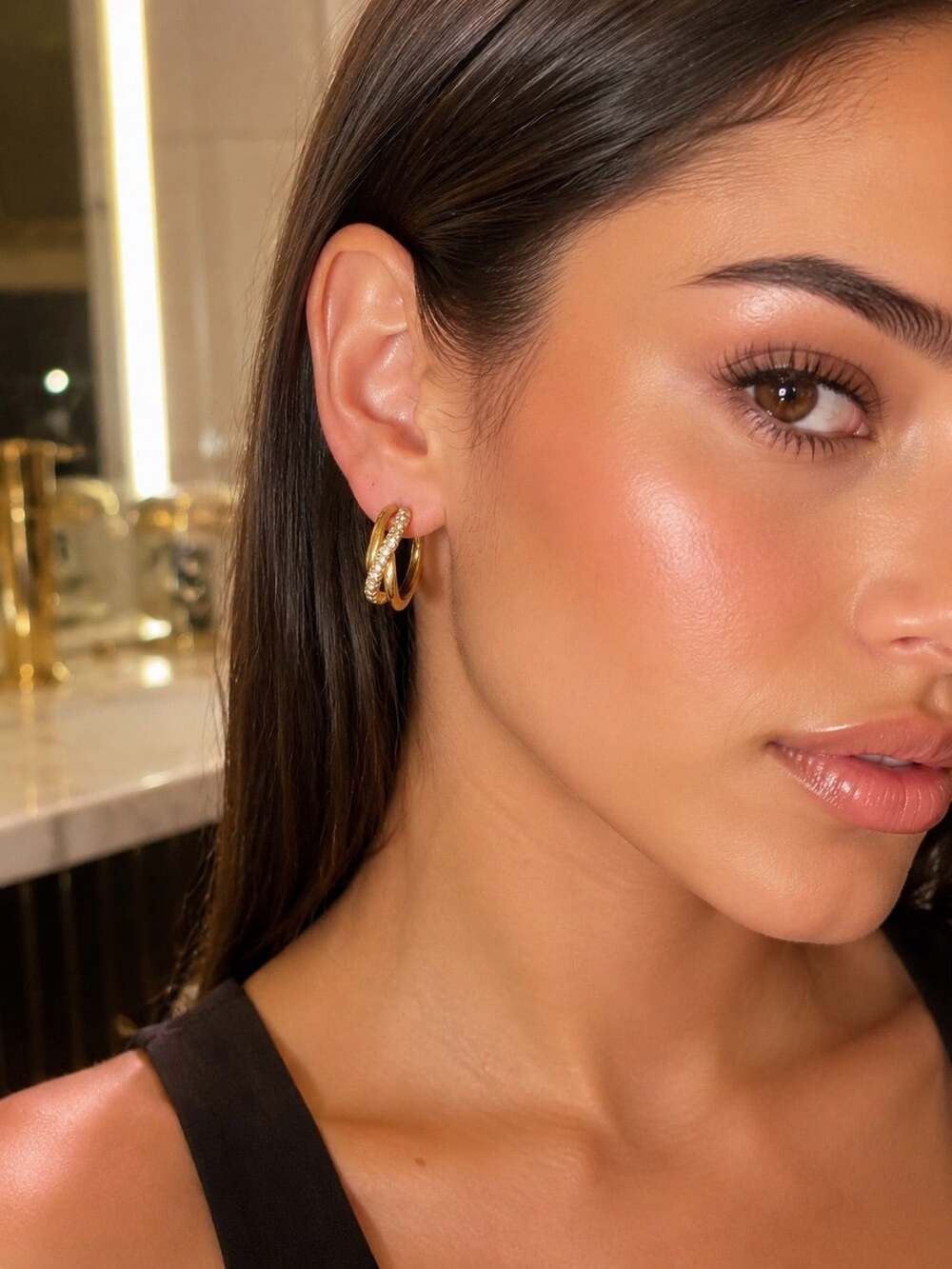 Gold Tone Rhinestone Double J-Hoop Earrings Glam Statement Jewelry